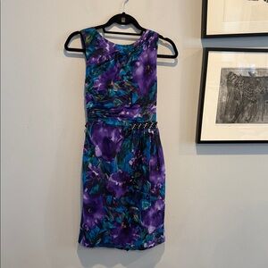 Kay Unger Purple and Blue Floral Mini Dress with Capelet Feature